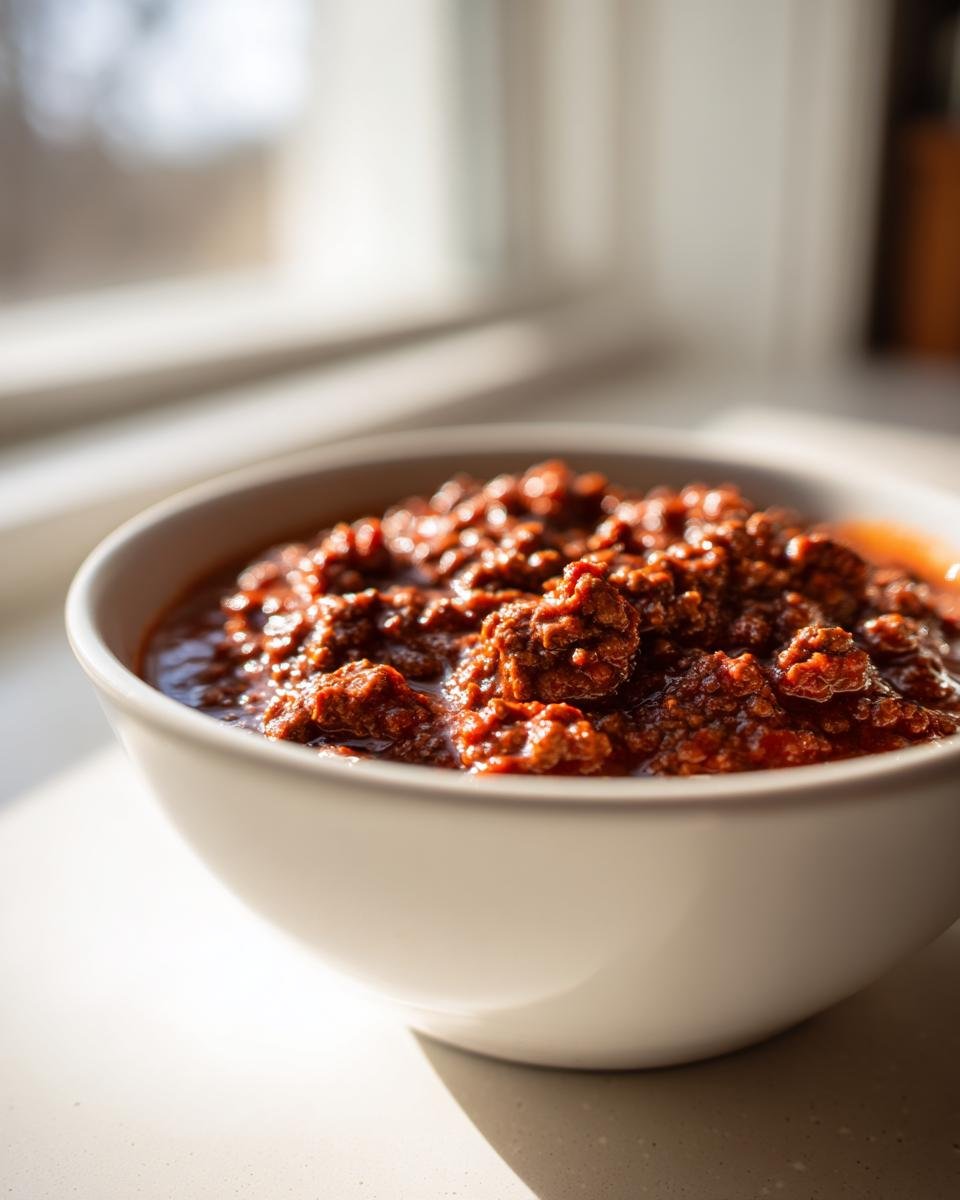 Nahaufnahme von Texas No Beans Chili mit viel Fleisch in einer wei&szlig;en Sch&uuml;ssel.