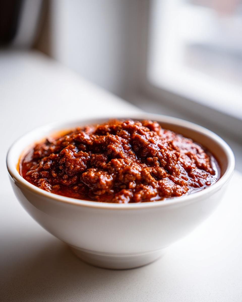 Nahaufnahme von reichhaltigem Texas No Beans Chili mit viel Fleisch in einer wei&szlig;en Sch&uuml;ssel.