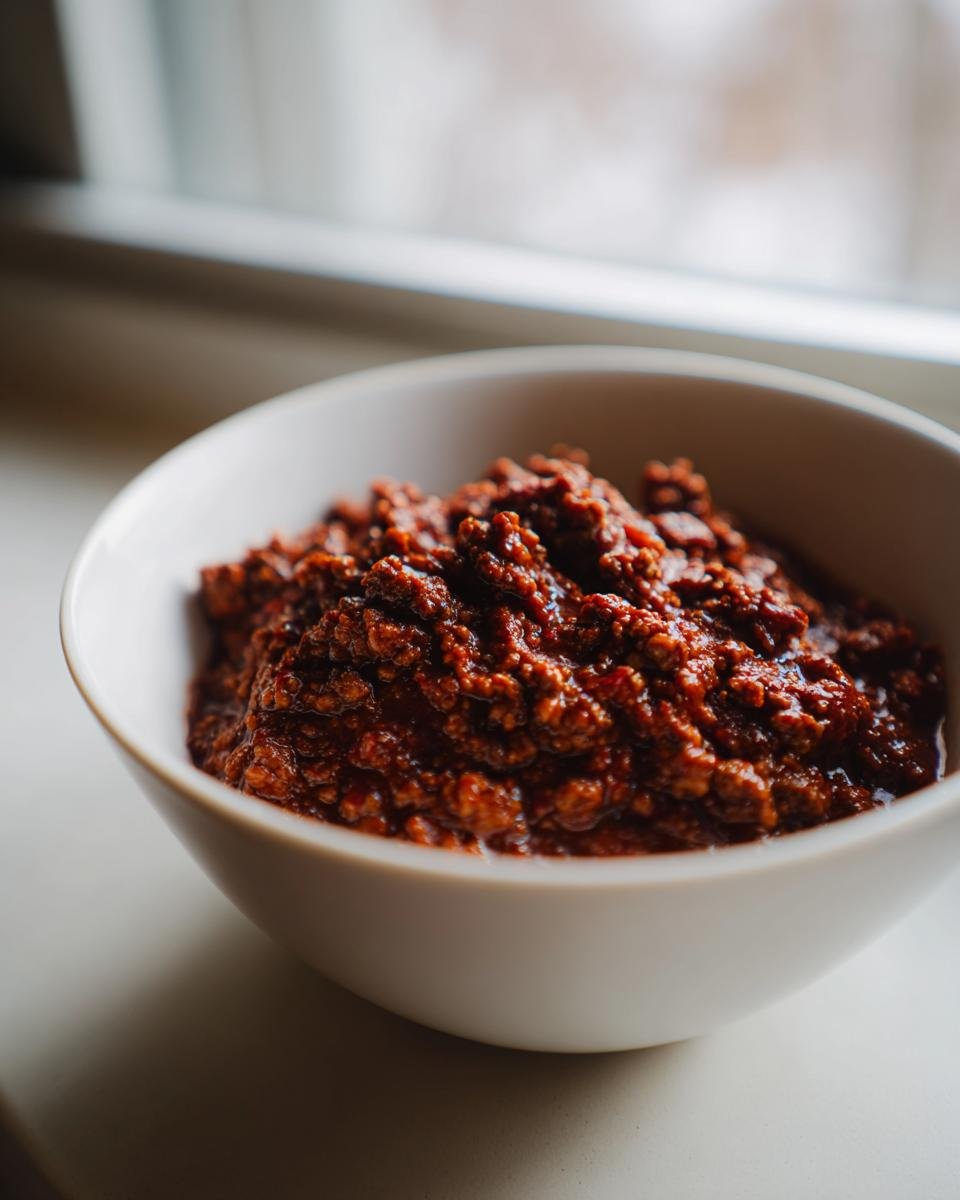 Nahaufnahme von dunklem, w&uuml;rzigem Texas No Beans Chili in einer wei&szlig;en Sch&uuml;ssel.