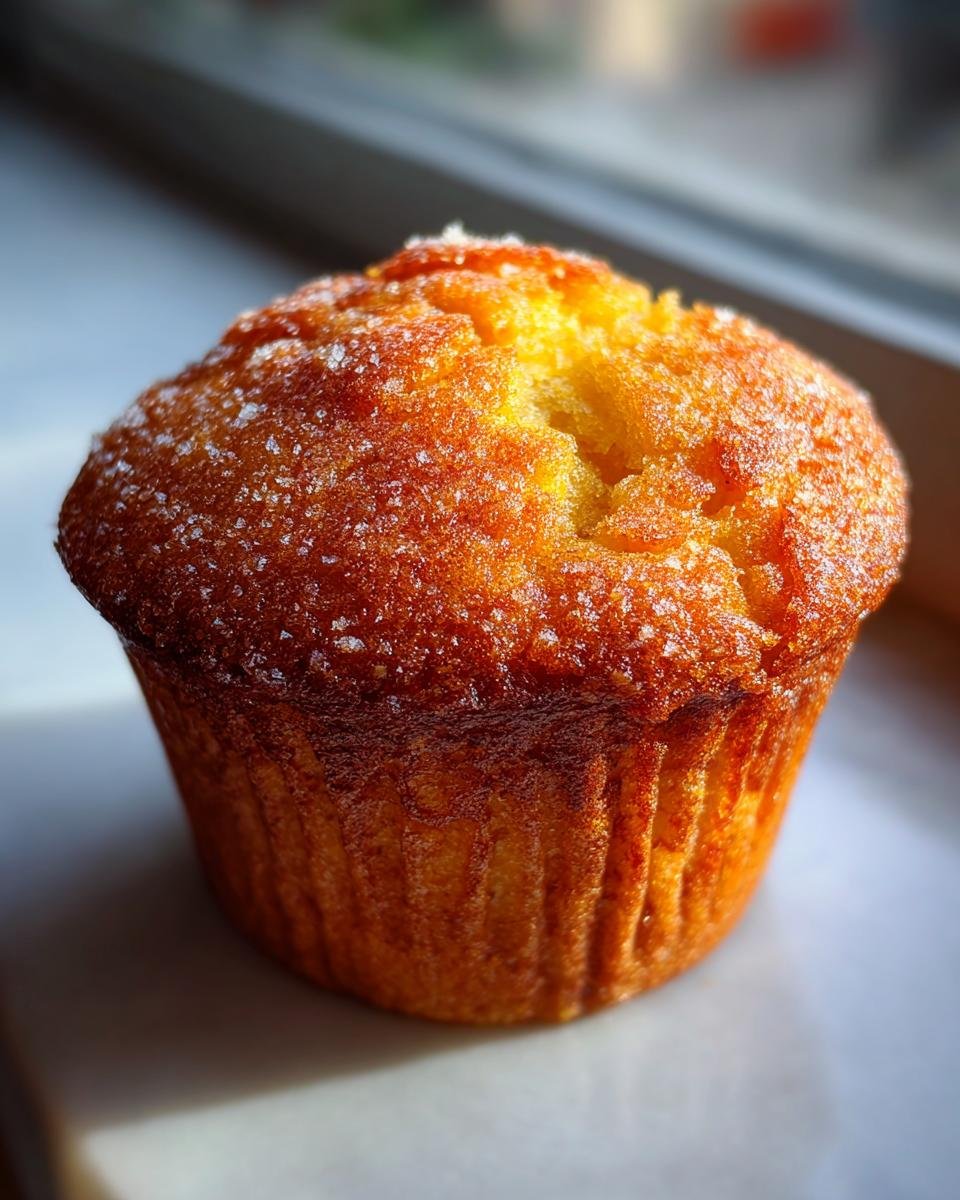 Nahaufnahme eines goldbraunen Texas Sized Muffin mit knuspriger Zuckerkruste, das im Sonnenlicht glänzt.