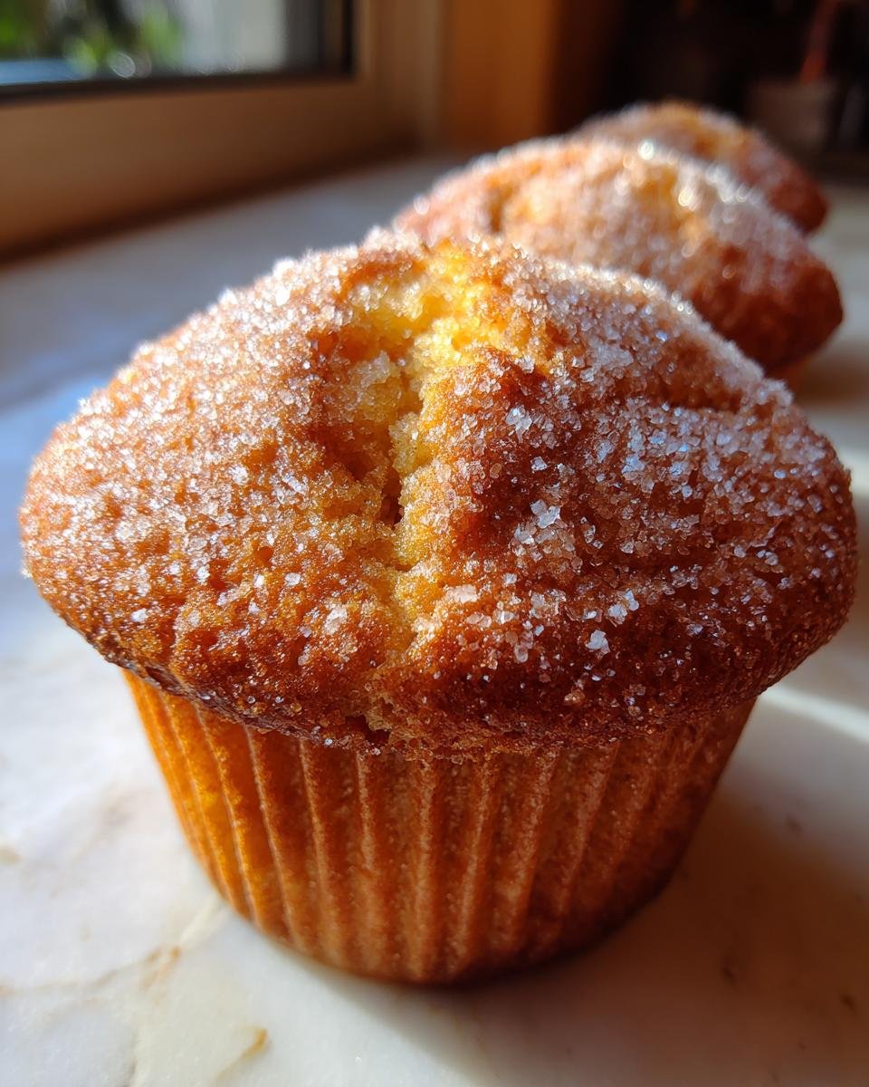 Nahaufnahme eines großen, goldbraunen Texas Sized Muffins, bestreut mit grobem Zucker.