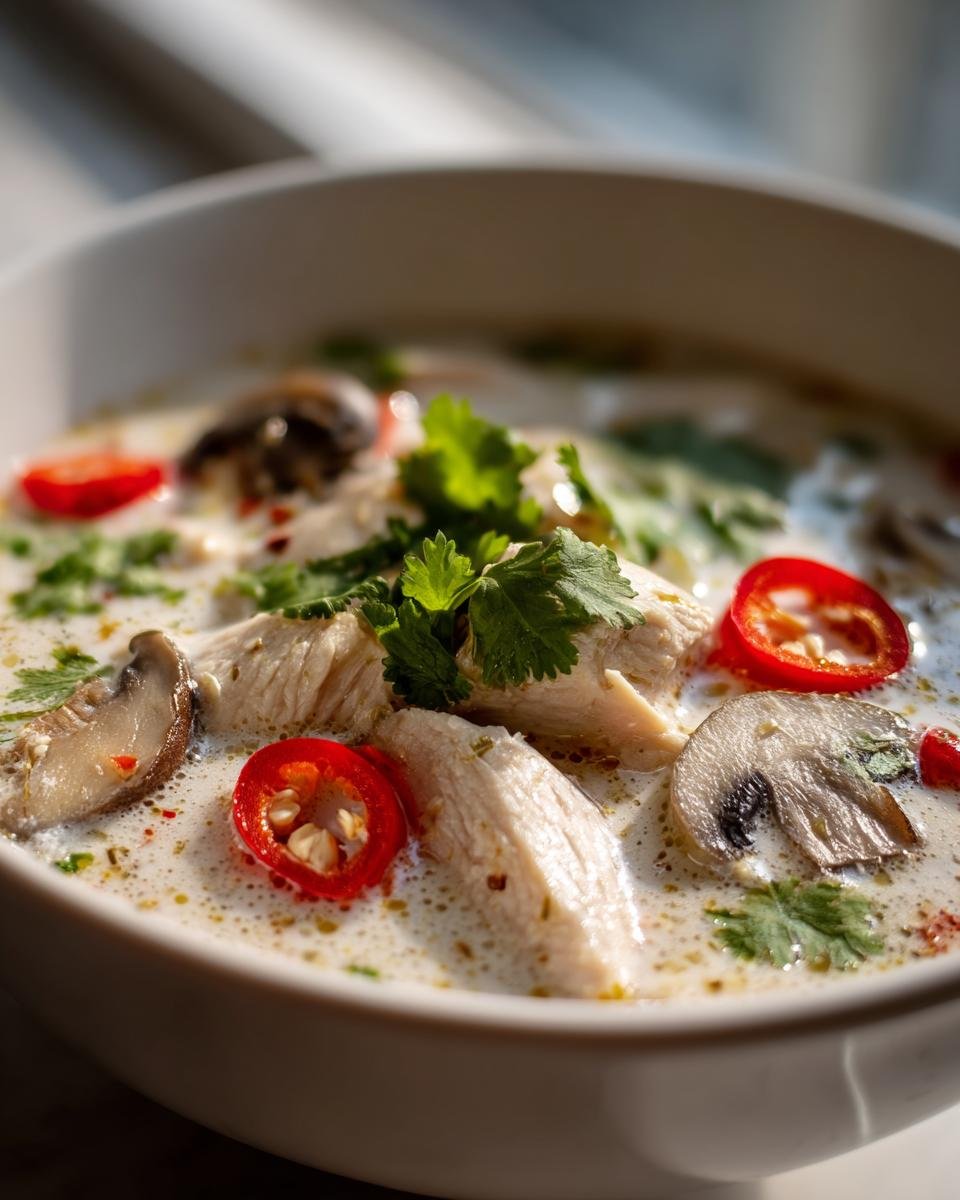Nahaufnahme einer cremigen Thai Chicken Soup mit H&auml;hnchenst&uuml;cken, Pilzen und roten Chiliringen.