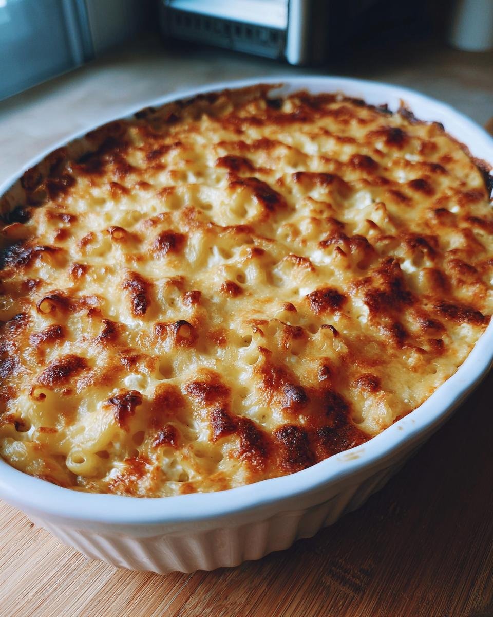 Nahaufnahme von &uuml;berbackene Makkaroni mit Feta K&auml;se in einer wei&szlig;en Auflaufform mit goldbrauner Kruste.