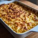 Nahaufnahme von &uuml;berbackene Makkaroni mit Feta K&auml;se in einer wei&szlig;en Auflaufform mit goldbrauner Kruste.