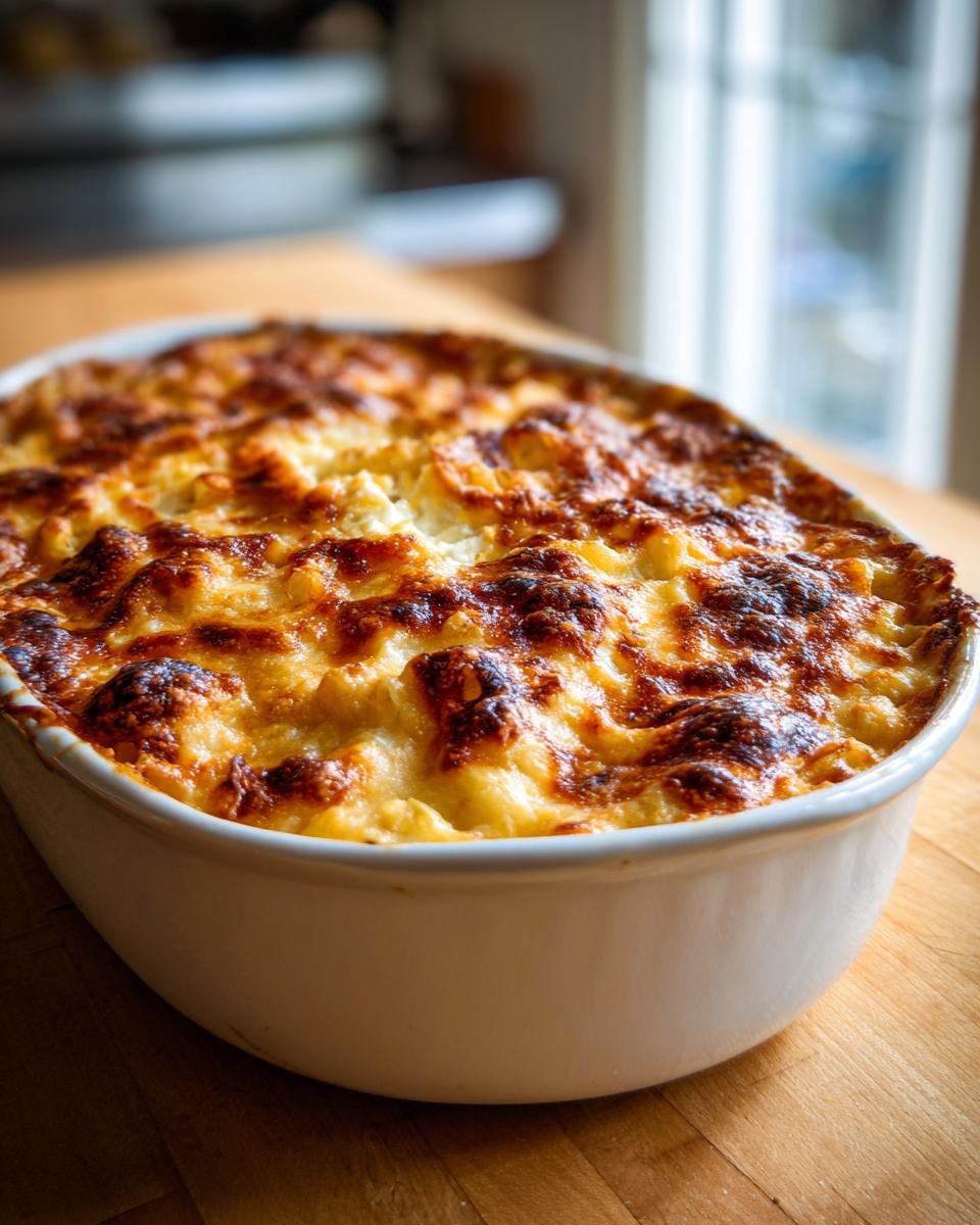 Nahaufnahme von &uuml;berbackenen Makkaroni mit Feta K&auml;se in einer wei&szlig;en Auflaufform mit goldbrauner Kruste.