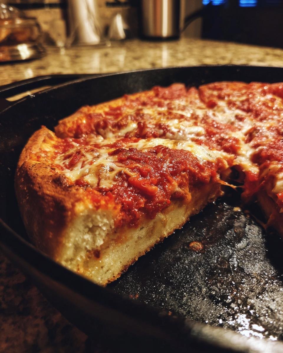 Nahaufnahme eines Schnitts der Whole Wheat Deep Dish Skillet Pizza in einer gusseisernen Pfanne.