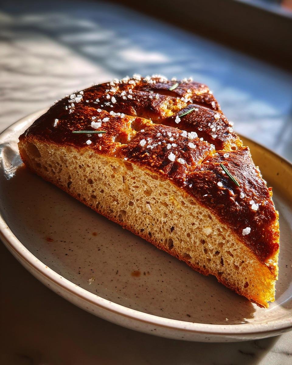 Ein dickes St&uuml;ck Vollkorn-Focaccia Brot mit knuspriger Kruste, grobem Salz und Rosmarin auf einem Teller.