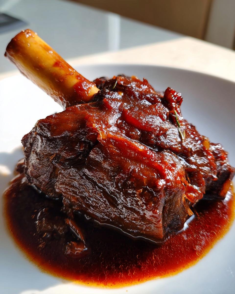 Nahaufnahme einer saftigen Wein-geschmorter Lammhaxe in dunkler, gl&auml;nzender So&szlig;e auf einem wei&szlig;en Teller.