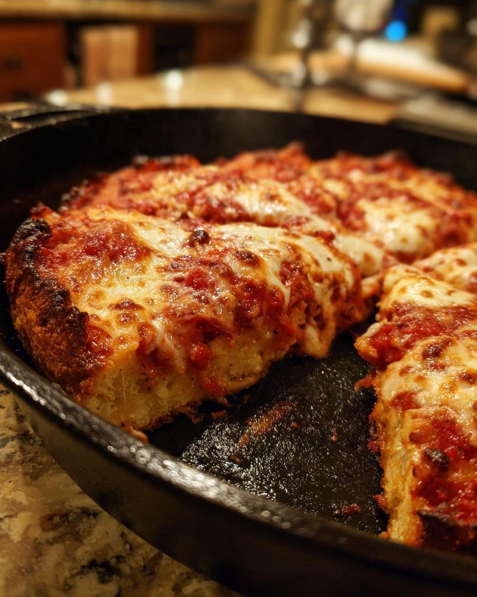 Ansicht einer tiefen Vollkorn-Pfannen-Pizza mit dicker, geschmolzener K&auml;se- und Tomatensauce-Kruste.