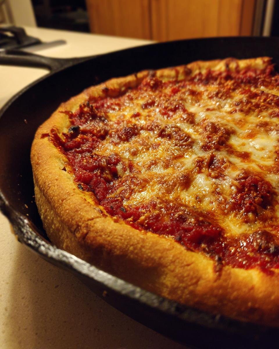 Nahaufnahme einer frisch gebackenen Whole Wheat Deep Dish Skillet Pizza in einer gusseisernen Pfanne.