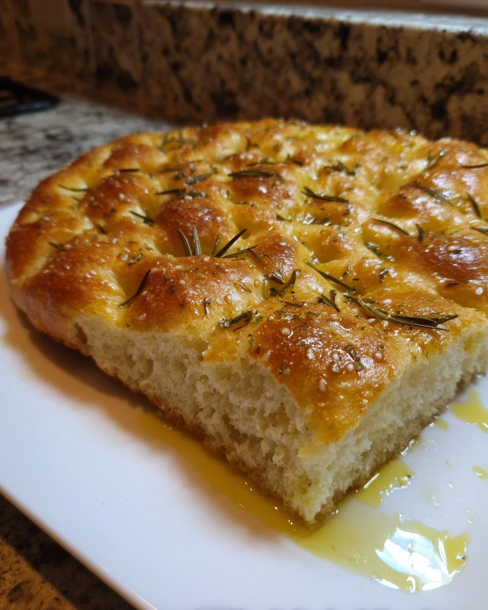 Nahaufnahme eines angeschnittenen St&uuml;cks Whole Wheat Focaccia Bread mit goldbrauner Kruste, Oliven&ouml;l und Rosmarin.
