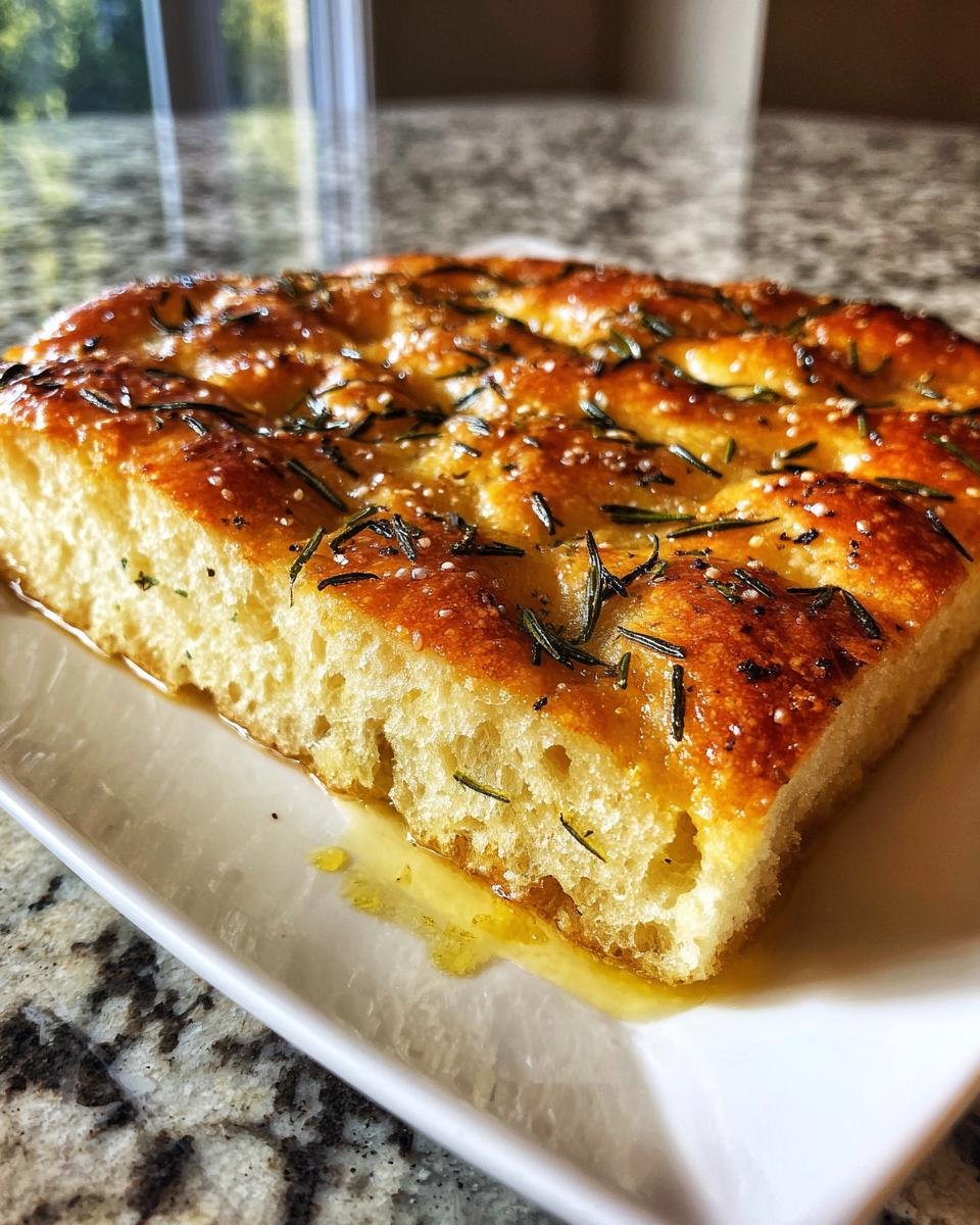 Nahaufnahme eines St&uuml;cks Whole Wheat Focaccia Bread mit goldbrauner Kruste, Rosmarin und grobem Salz, das in Oliven&ouml;l auf einem wei&szlig;en Teller liegt.