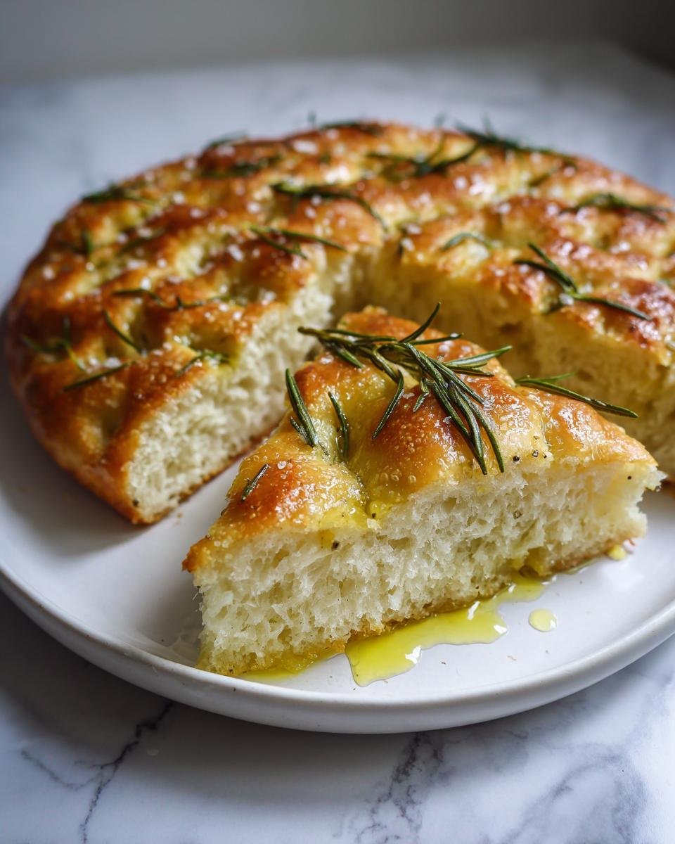 Ein St&uuml;ck Whole Wheat Focaccia Bread mit Rosmarin und Oliven&ouml;l auf einem Teller.