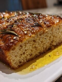 Nahaufnahme eines Stücks Whole Wheat Focaccia Bread mit glänzender Kruste, Rosmarin und Sesam.