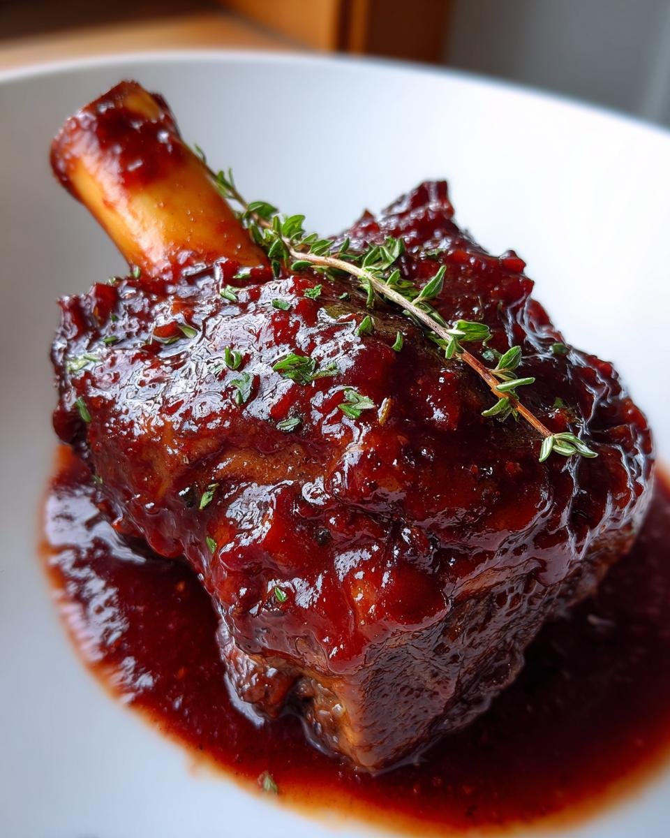 Nahaufnahme eines saftigen Wine Braised Lamb Shank in einer tiefroten, gl&auml;nzenden Weinso&szlig;e, garniert mit frischem Thymian.