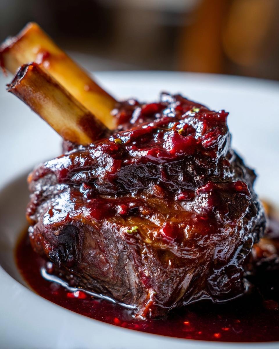 Nahaufnahme eines saftigen Wine Braised Lamb Shank mit intensiver roter Weinreduktion auf einem wei&szlig;en Teller.