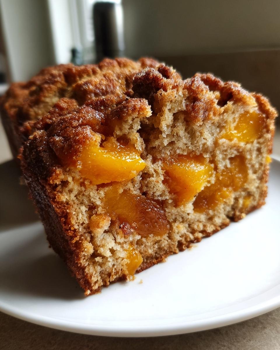 Nahaufnahme eines angeschnittenen Zimt Ahorn Pfirsich Brot mit saftigen Pfirsichst&uuml;cken im Inneren.