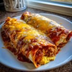 Zwei &uuml;berbackene Fr&uuml;hst&uuml;cks-Enchiladas mit viel geschmolzenem K&auml;se auf einem wei&szlig;en Teller.