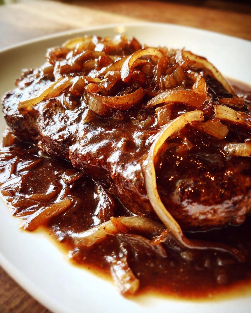 Nahaufnahme eines Steaks, &uuml;bergossen mit dunkler Zwiebelso&szlig;e und karamellisierten Zwiebelringen &ndash; Onion Gravy Smothered Steak.