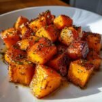 Nahaufnahme von karamellisierten Maple Herb Roasted Butternut Squash W&uuml;rfeln auf einem wei&szlig;en Teller.