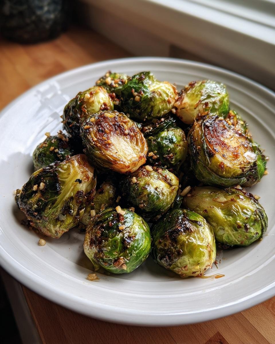 Nahaufnahme von perfekt zubereiteten, leicht karamellisierten Air Fryer Brussels Sprouts auf einem wei&szlig;en Teller.