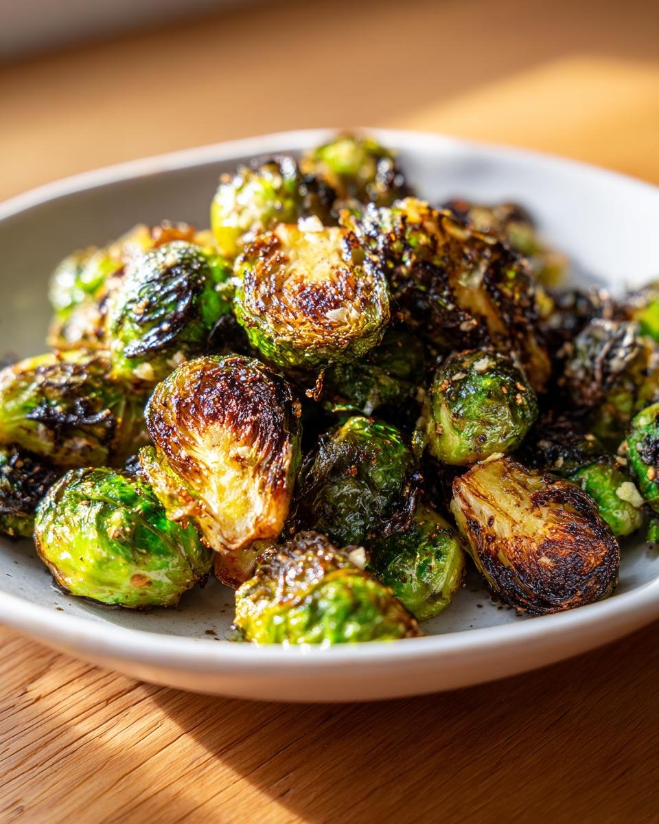 Nahaufnahme von kross gebratenen Air Fryer Brussels Sprouts in einer hellen Schale auf Holzuntergrund.