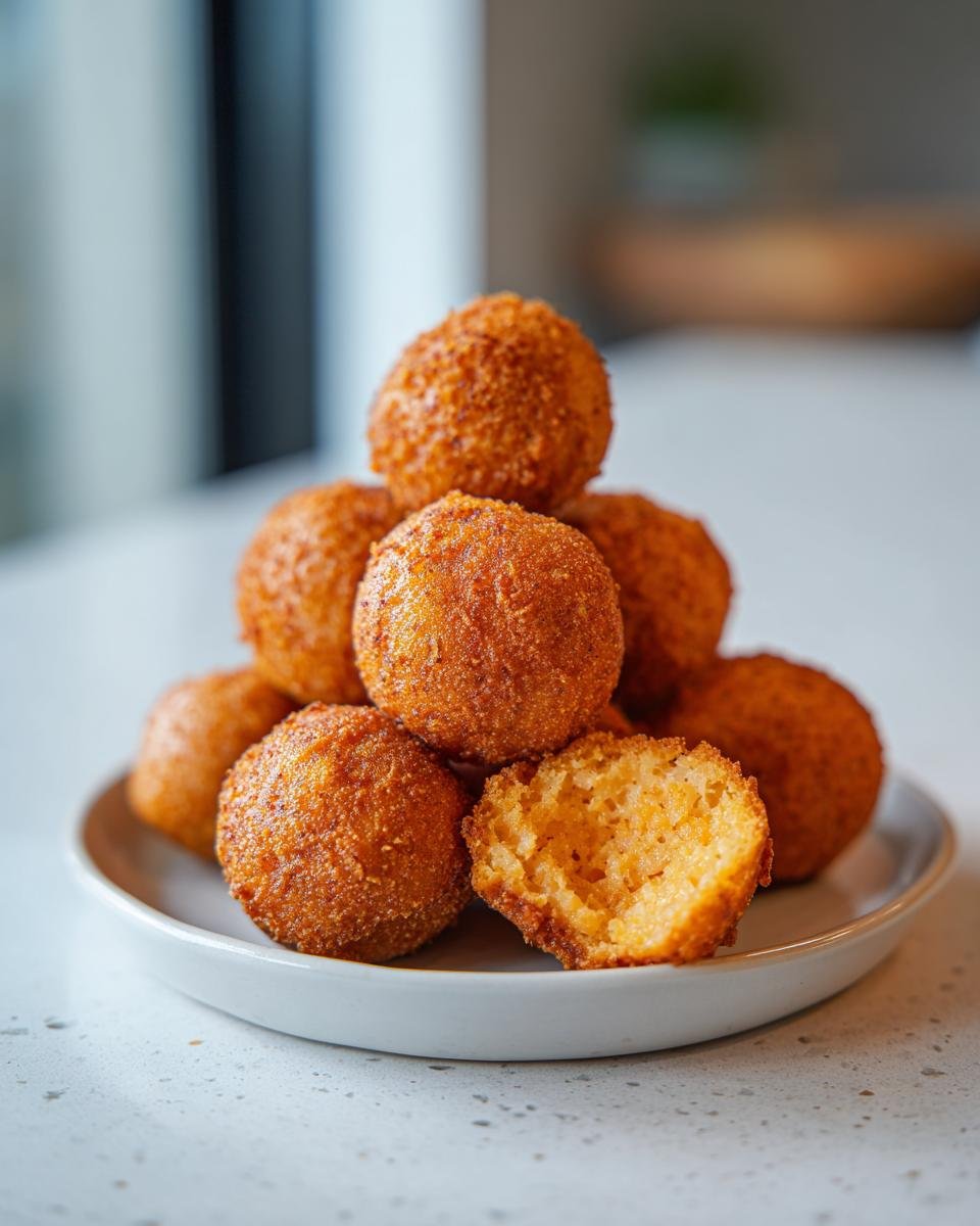 Stapel goldbrauner Air Fryer Hush Puppies auf einem wei&szlig;en Teller, einer davon aufgeschnitten.