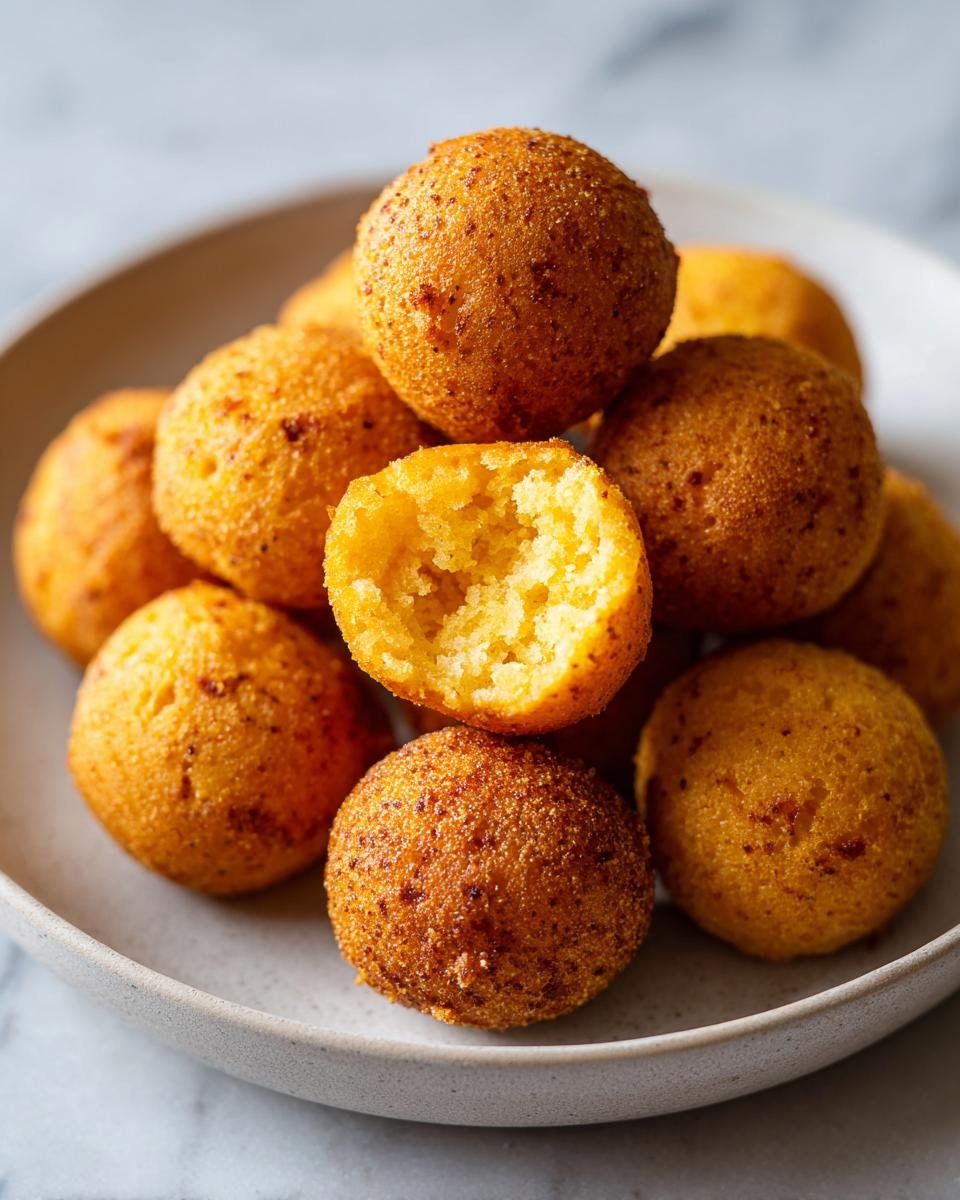 Ein Haufen goldbrauner Air Fryer Hush Puppies auf einem Teller, einer davon aufgeschnitten.