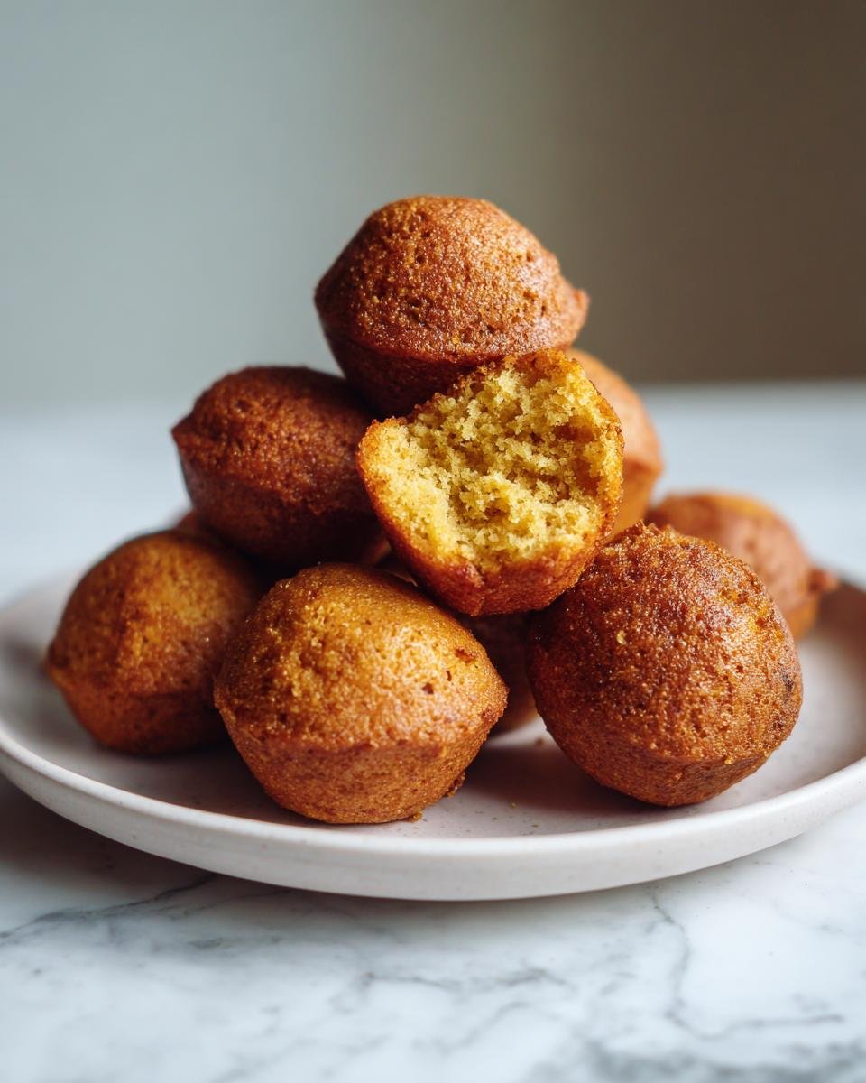 Stapel von goldbraunen Air Fryer Hush Puppies, einer davon aufgeschnitten, um die lockere Textur zu zeigen.