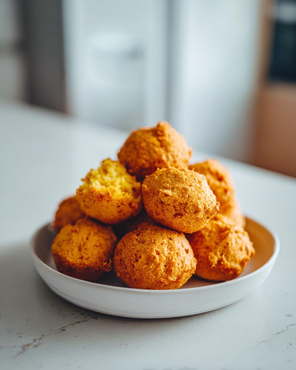 Ein Haufen goldbrauner Air Fryer Hush Puppies auf einem wei&szlig;en Teller.