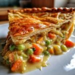 Nahaufnahme eines cremigen St&uuml;cks Vegan Pot Pie mit Bl&auml;tterteigkruste und sichtbaren Karotten und Erbsen.