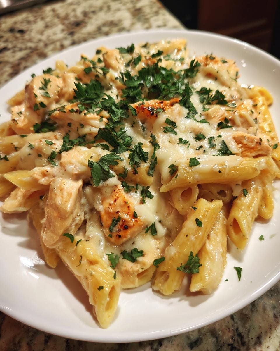 Nahaufnahme von cremigem Applebees Three Cheese Chicken Penne mit geschmolzenem K&auml;se und frischer Petersilie.
