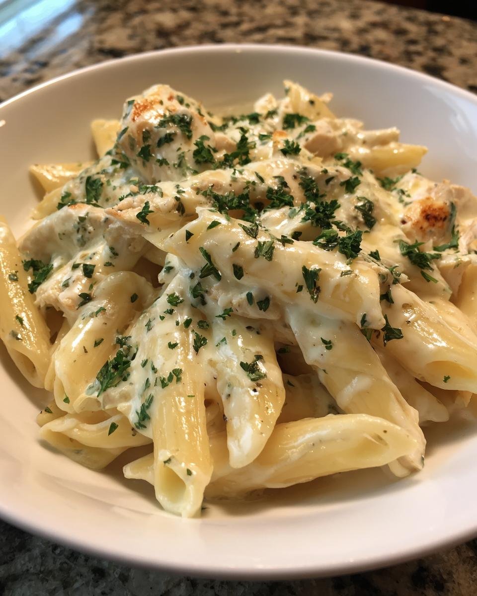 Nahaufnahme von Applebees Three Cheese Chicken Penne mit reichhaltiger K&auml;seso&szlig;e und Petersilie.