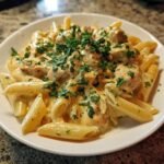 Nahaufnahme von Applebees Three Cheese Chicken Penne mit cremiger K&auml;seso&szlig;e und Petersilie.