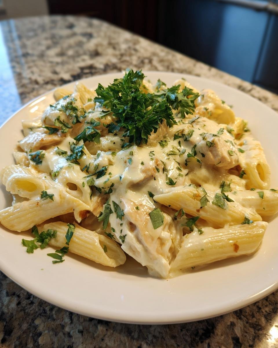 Teller mit cremiger Applebees Three Cheese Chicken Penne, garniert mit frischer Petersilie.