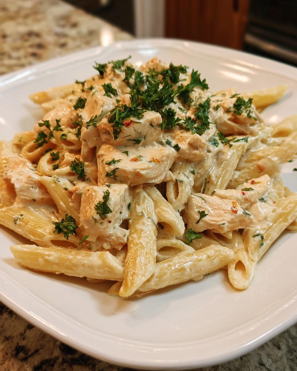 Nahaufnahme von Applebees Three Cheese Chicken Penne mit cremiger So&szlig;e und Petersilie.