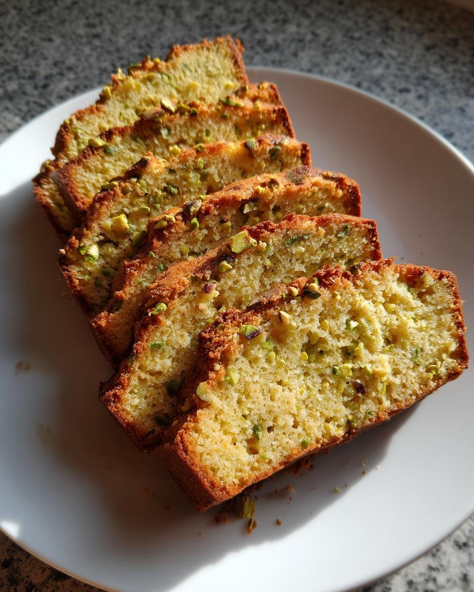 Mehrere Scheiben goldbraunes Pistazien Biscotti mit sichtbaren gr&uuml;nen Pistazienst&uuml;ckchen auf einem wei&szlig;en Teller.