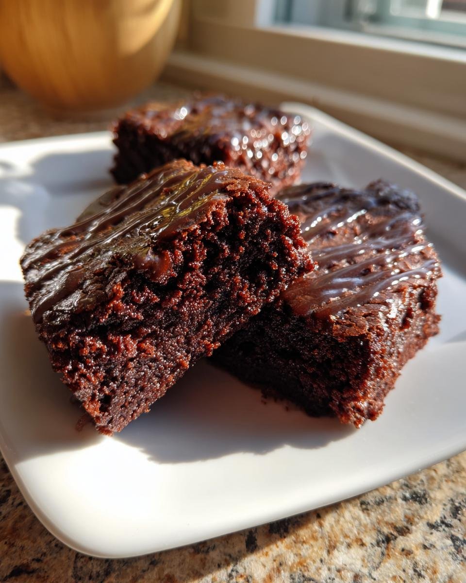 Nahaufnahme von drei saftigen Baileys Irish Cream Brownies mit Schokoladenglasur auf einem wei&szlig;en Teller.