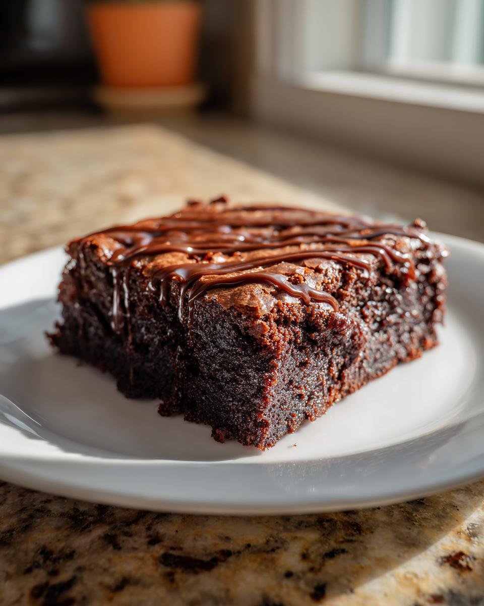 Ein St&uuml;ck saftiger Brownie mit dunkler Schokoladenglasur auf einem wei&szlig;en Teller, das Rezept f&uuml;r Baileys Irish Cream Brownies.