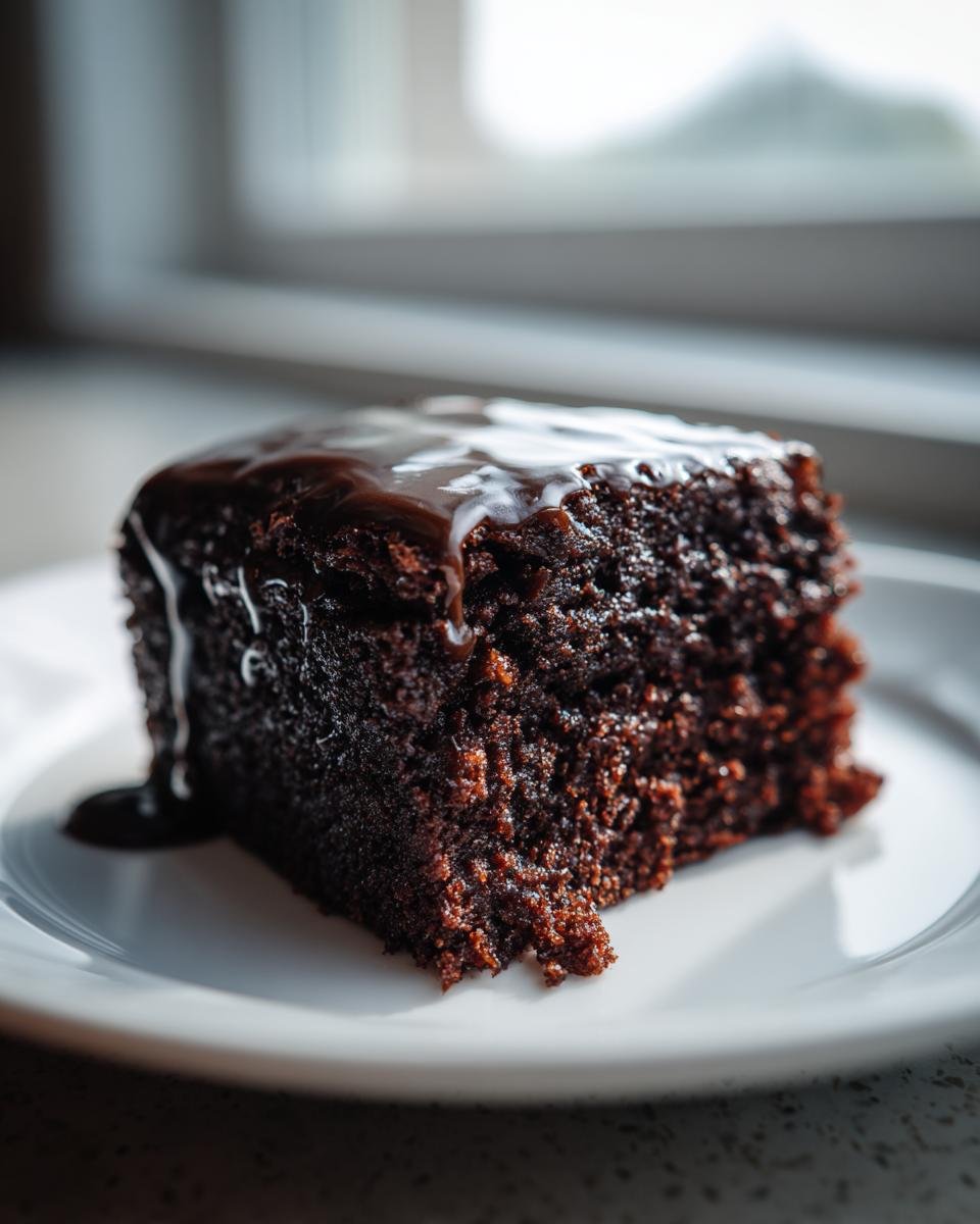 Nahaufnahme eines saftigen, dunklen St&uuml;cks Baileys Irish Cream Brownies mit Schokoladenglasur.