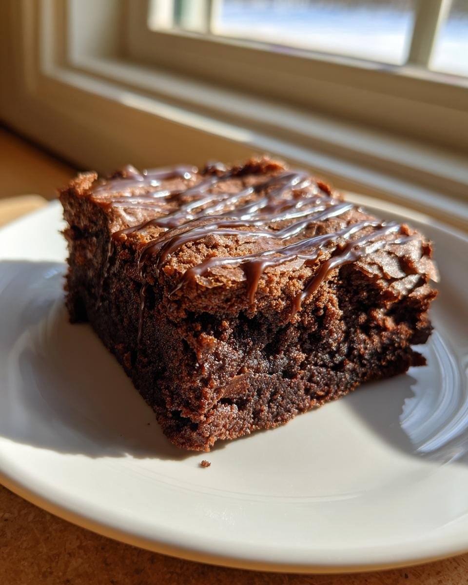Ein saftiges St&uuml;ck Baileys Irish Cream Brownies mit Schokoladenglasur auf einem wei&szlig;en Teller.