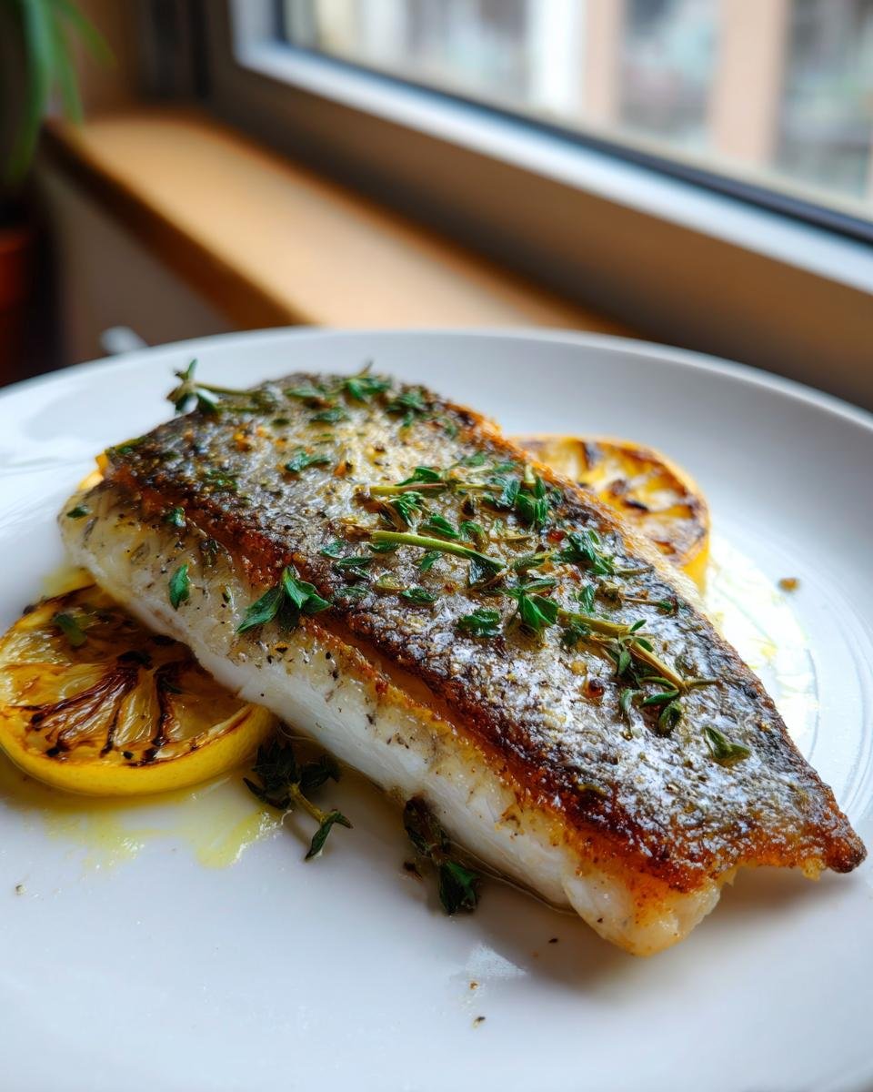 Gebratenes Barramundi Rezept: Ein knuspriges Barramundi Filet auf einem weißen Teller mit gegrillten Zitronenscheiben und frischem Thymian.