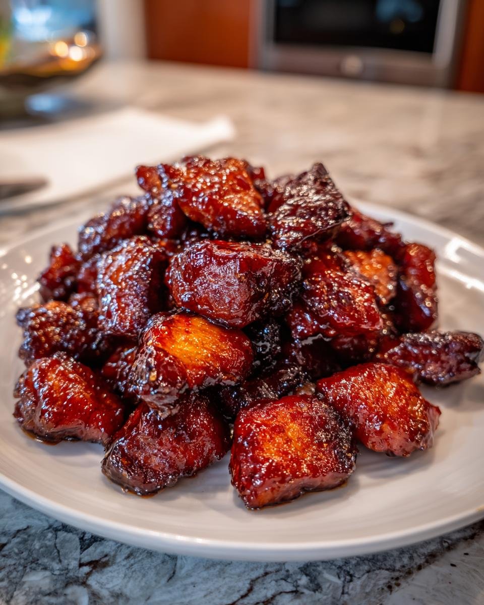 Nahaufnahme von saftigen, glasierten St&uuml;cken Bourbon Chicken auf einem wei&szlig;en Teller.