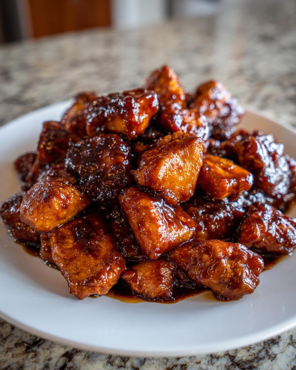 Nahaufnahme von saftigen St&uuml;cken Bourbon Chicken in einer dunklen, gl&auml;nzenden So&szlig;e auf einem wei&szlig;en Teller.