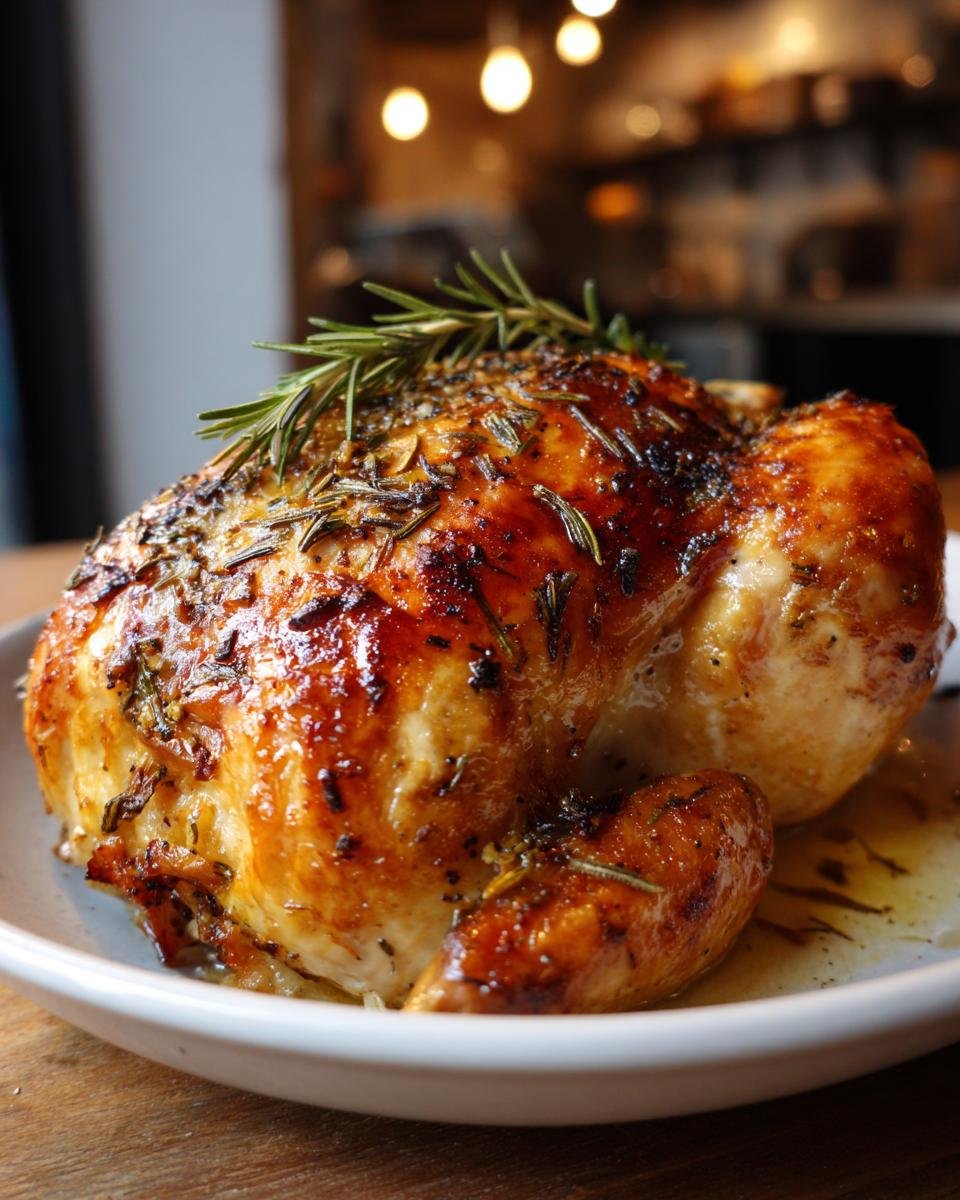 Nahaufnahme eines knusprigen Brath&auml;hnchens, reichlich mit Rosmarin und Gew&uuml;rzen bestreut, ein perfektes Beispiel f&uuml;r Rosemary Recipes.