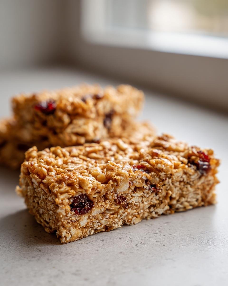 Nahaufnahme eines selbstgemachten, klebrigen Cereal Bar Riegels mit Haferflocken und getrockneten Cranberrys.