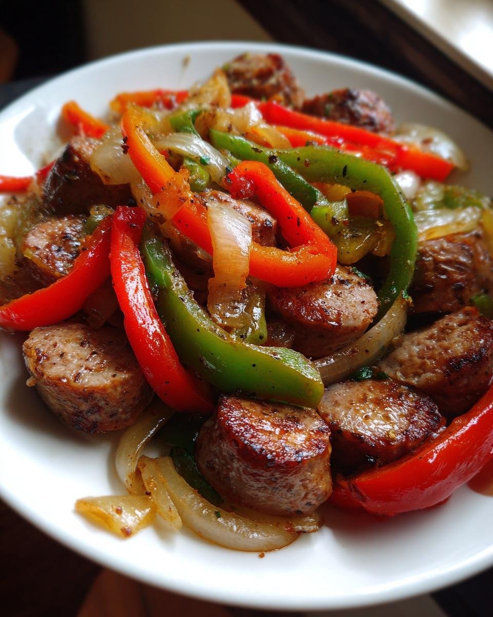 Nahaufnahme von gebratener Conecuh Sausage mit bunten Paprikastreifen und Zwiebeln auf einem wei&szlig;en Teller.