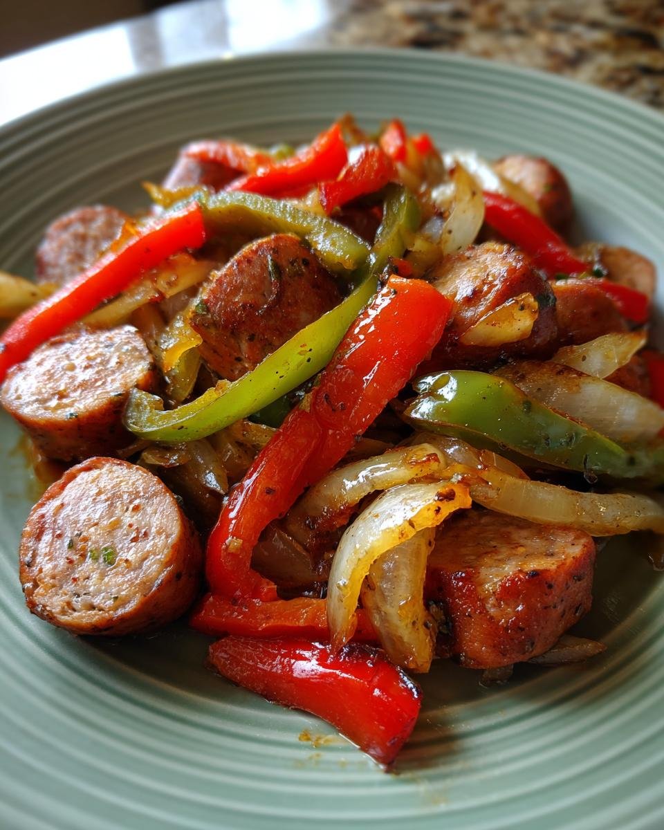 Nahaufnahme von gebratener Conecuh Sausage in Scheiben mit roten und gr&uuml;nen Paprikastreifen und Zwiebeln auf einem gr&uuml;nen Teller.