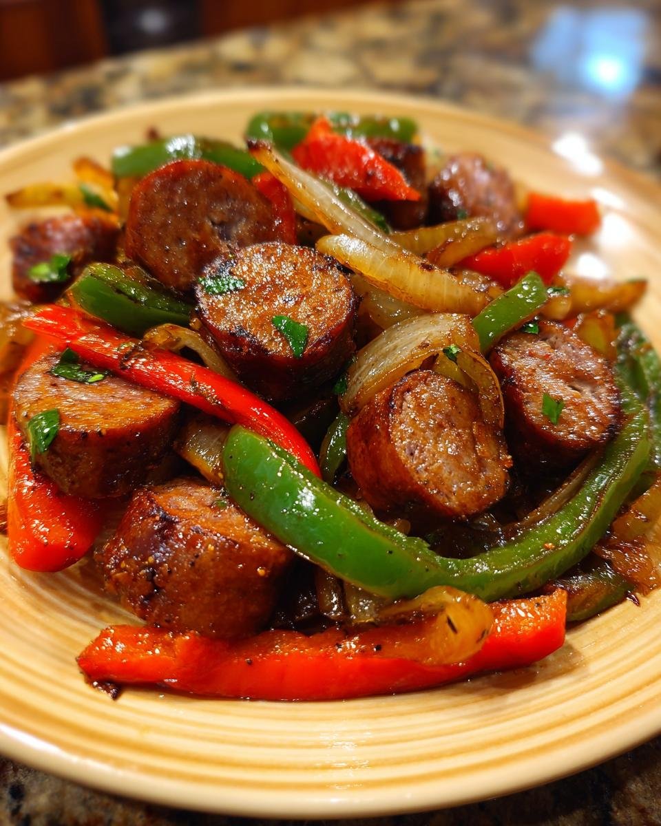 Gebratene Scheiben Conecuh Sausage mit gr&uuml;nen und roten Paprikastreifen und Zwiebeln auf einem Teller.