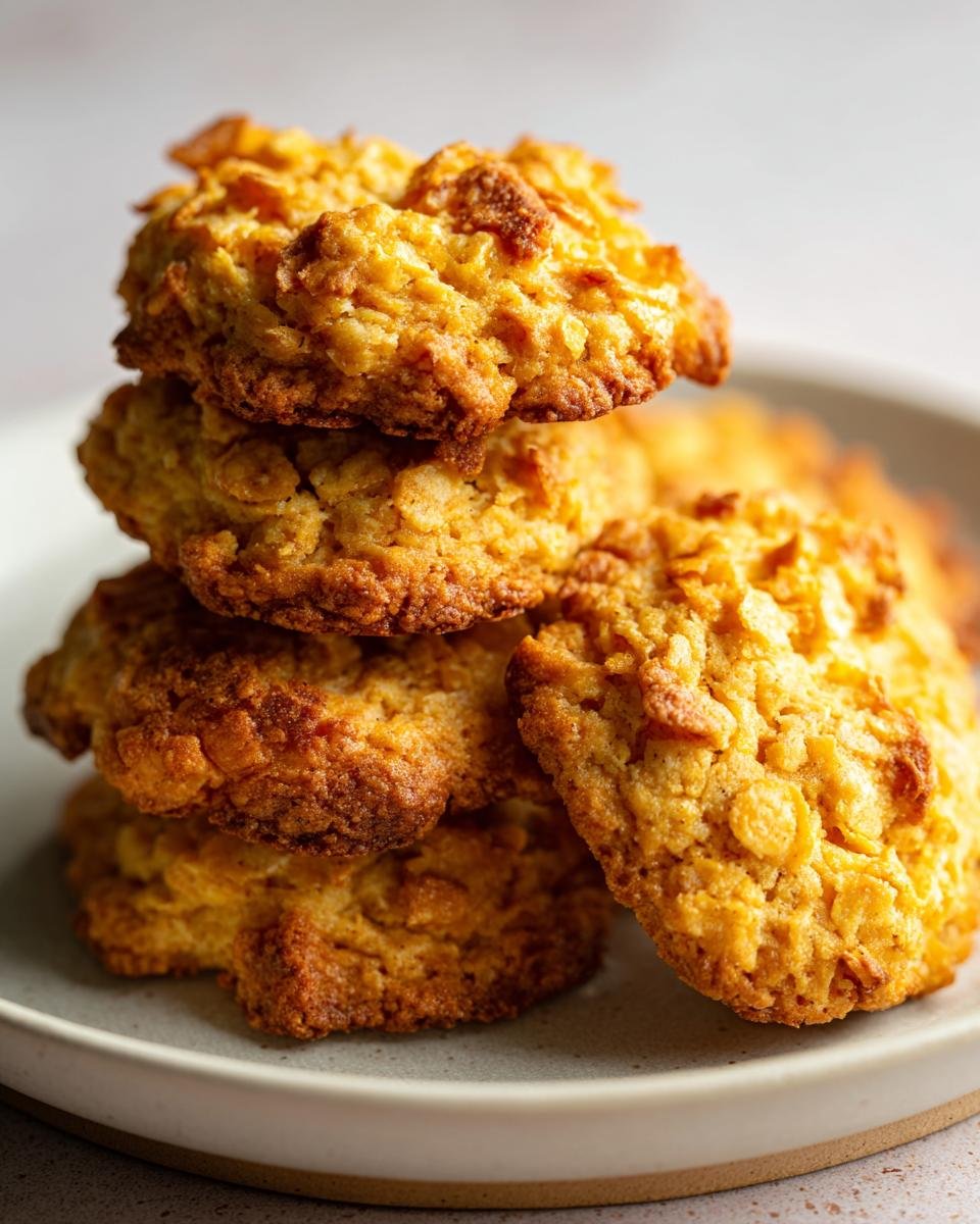 Stapel von knusprigen, goldbraunen Cornflake Cookies auf einem hellen Teller.